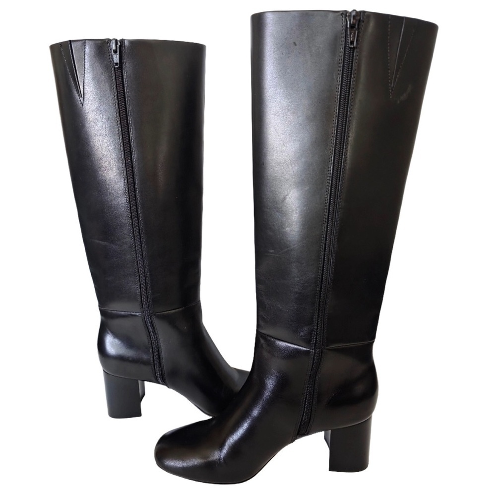 Paige Katy Black Leather Knee Boots side zip stretch panel on calf sz 7 NEW